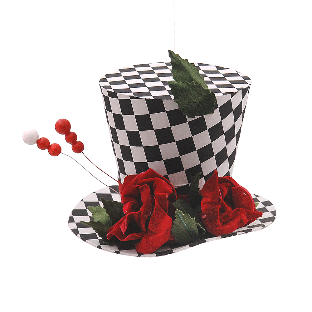 Viv! Christmas Decoration - Alice in Wonderland Black/White Checkered Hat with Roses - fabric - 26cm