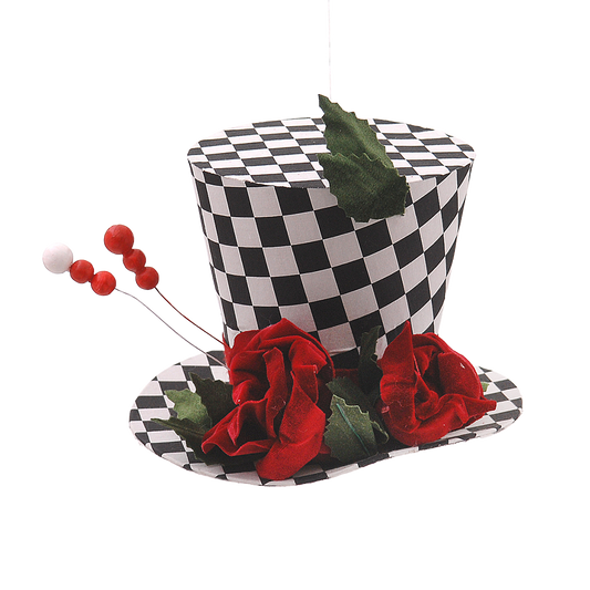 Viv! Christmas Decoration - Alice in Wonderland Black/White Checkered Hat with Roses - fabric - 26cm