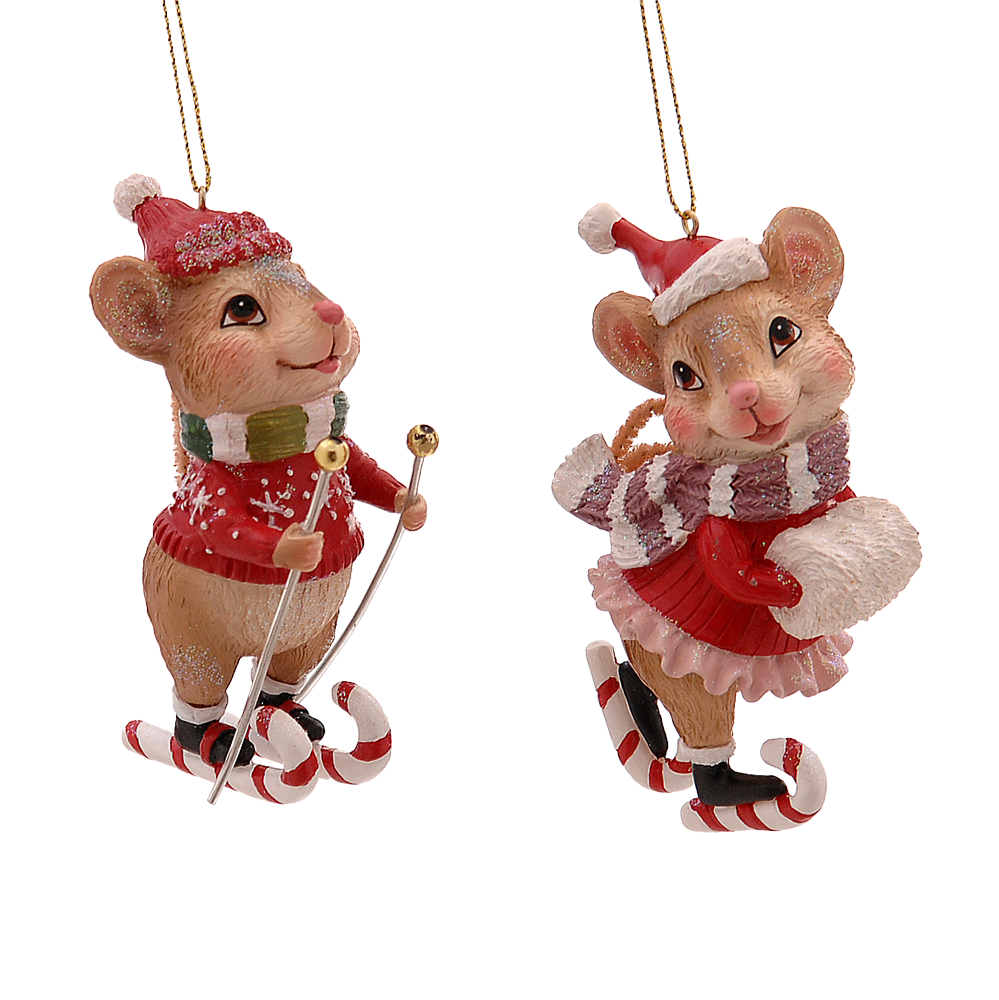 Viv! Christmas Ornament - Skiing Mice - set of 2 - red white brown - 9.5cm