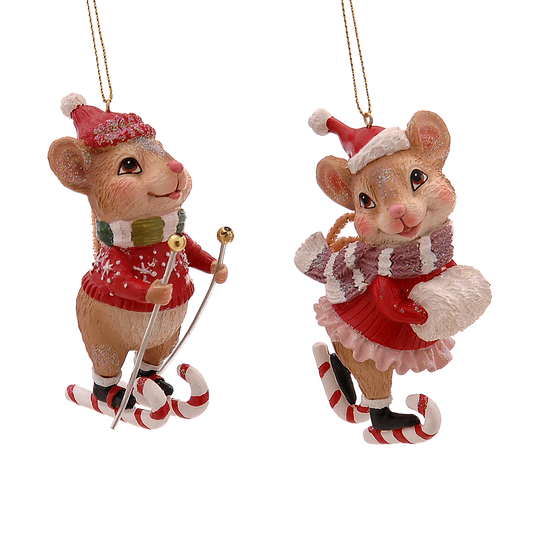 Viv! Christmas Kerstornament - Skiënde Muizen - set van 2 - rood wit bruin - 9,5cm