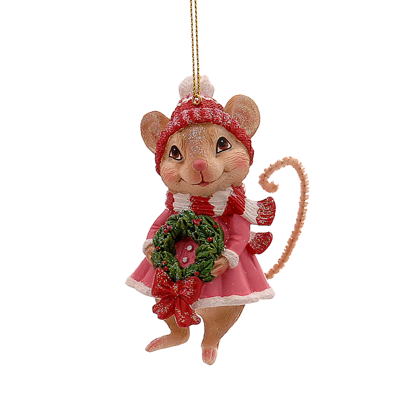 Viv! Christmas Kerstornament - Muis met Kerstkrans - roze wit bruin - 8cm