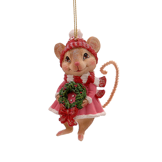 Viv! Christmas Kerstornament - Muis met Kerstkrans - roze wit bruin - 8cm