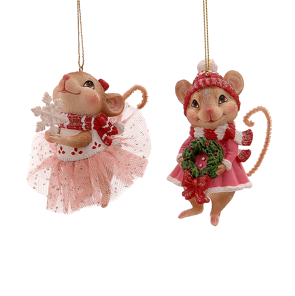 Viv! Christmas Ornament - Mouse with Snowflake and Christmas Wreath - set of 2 - pink white brown - 8cm