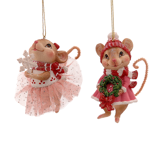 Viv! Christmas Kerstornament - Muis met Sneeuwvlok en Kerstkrans - set van 2 - roze wit bruin - 8cm