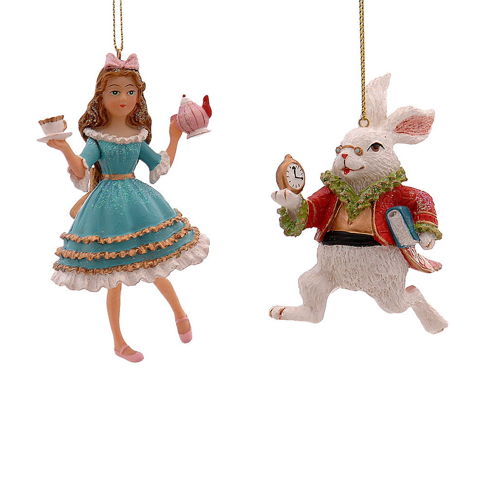 Viv! Christmas ornament - Alice in Wonderland and Rabbit - set of 2 - red blue - 10cm