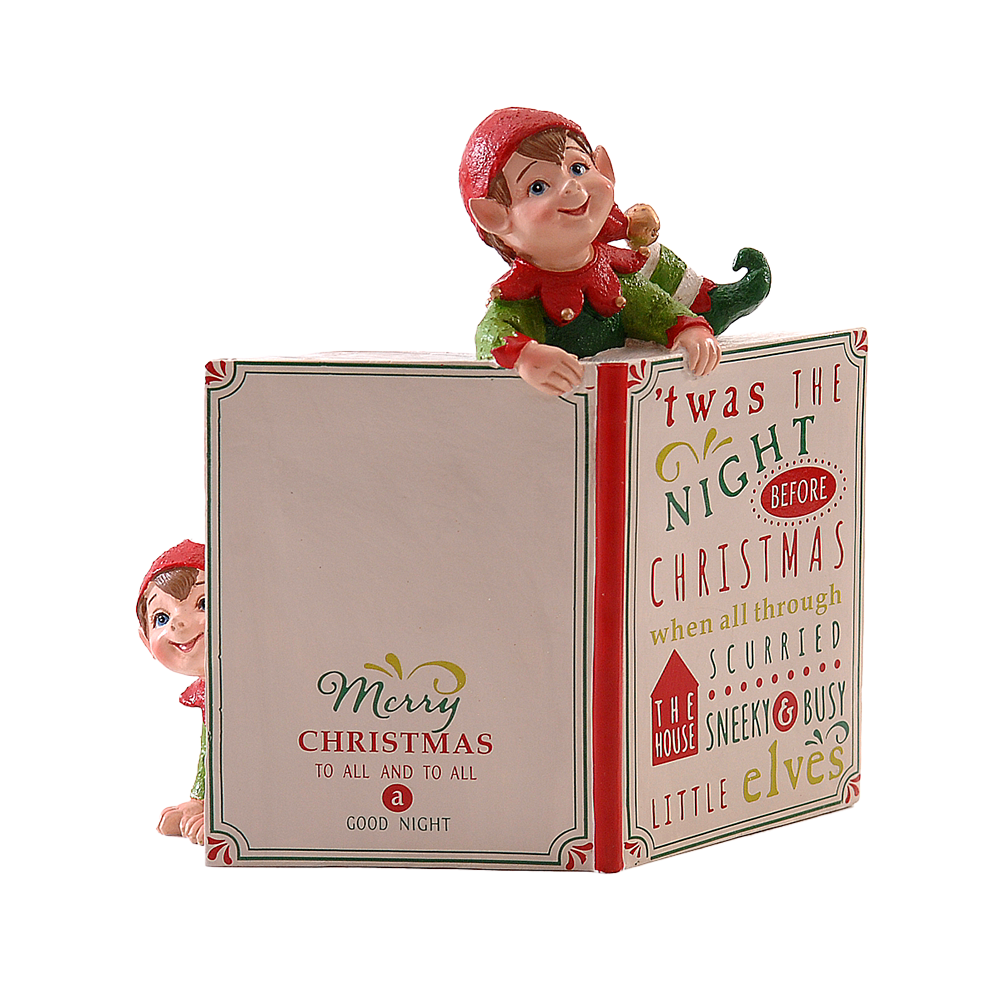 Viv! Christmas Tabletop Figure - Elves Peeking Out of a Book - Green Red - 18.5cm