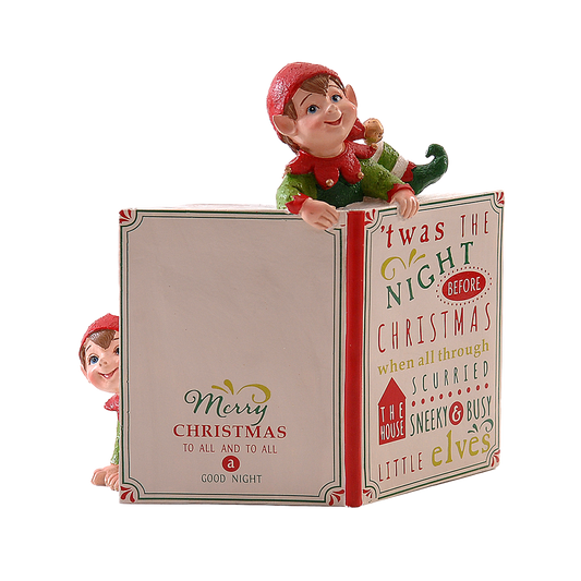 Viv! Christmas Tabletop Figure - Elves Peeking Out of a Book - Green Red - 18.5cm