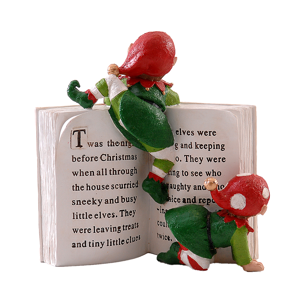 Viv! Christmas Tabletop Figure - Elves Peeking Out of a Book - Green Red - 18.5cm