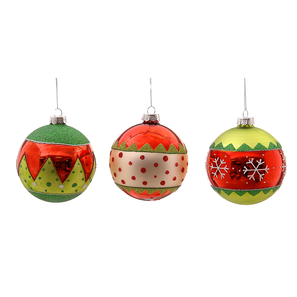 Viv! Christmas Bauble - Elf Theme with Glitter and Patterns - set of 3 - glass - green red white - Ø10cm