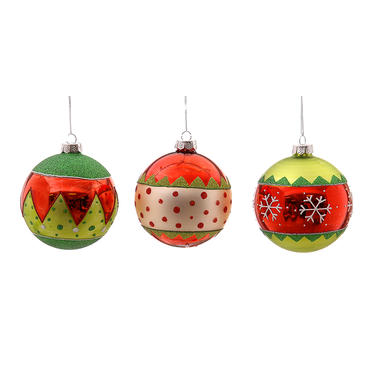 Viv! Christmas Bauble - Elf Theme with Glitter and Patterns - set of 3 - glass - green red white - Ø10cm