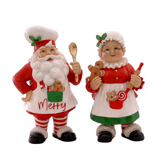 Viv! Christmas Tabletop Figure - Mr & Mrs Santa Baking - set of 2 - red and white - 25cm