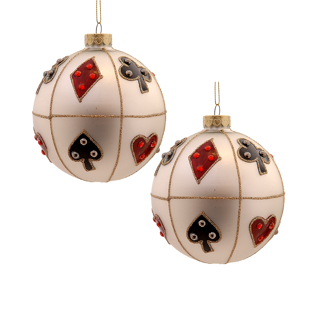 Viv! Christmas Bauble - Playing Cards Design with Gold Glitter Lines - set of 2 - glass - black red - Ø10cm