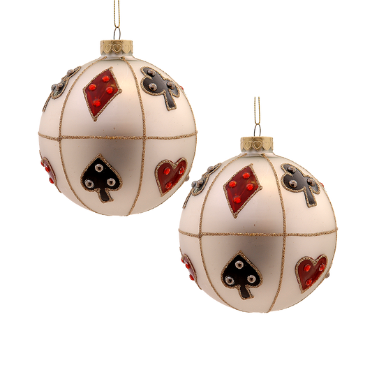 Viv! Christmas Bauble - Playing Cards Design with Gold Glitter Lines - set of 2 - glass - black red - Ø10cm