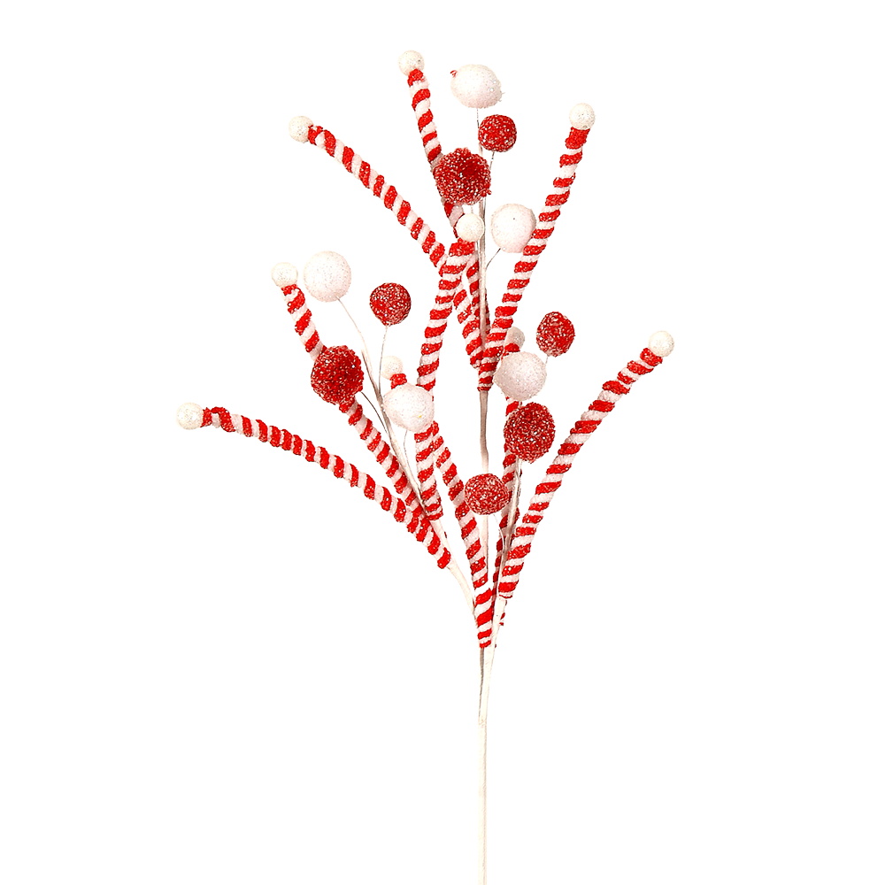 Viv! Christmas Decorative Spray - Red-White Peppermint Swirl Branches with Pompoms - red white - 67cm