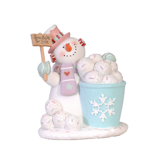 Viv! Christmas Tabletop Figure - 'Snowballs For Sale' Snowman - pastel - pink blue - 20.5cm