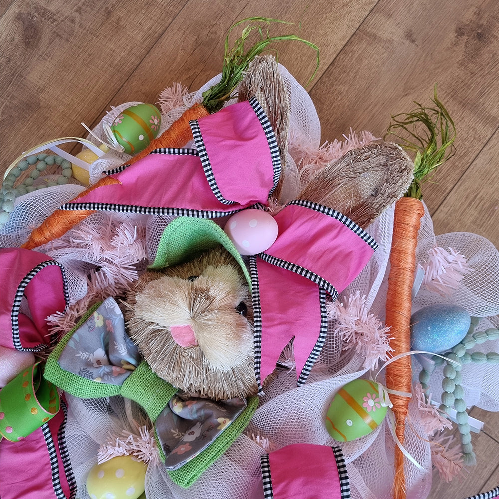 Viv! Christmas Exclusieve Paaskrans - Handgemaakt - Paashaas met Tulen krans en Paaseieren - wit roze - 60cm