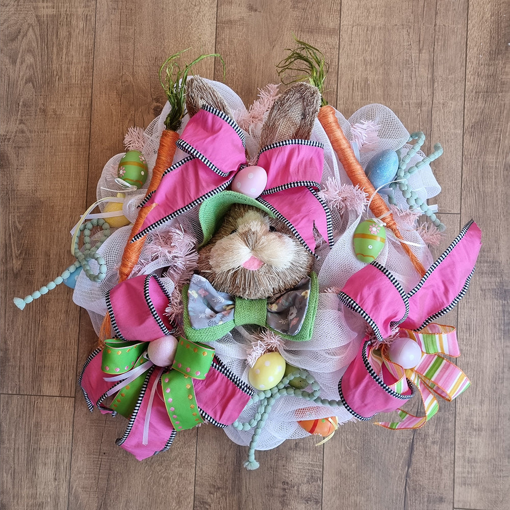 Viv! Christmas Exclusieve Paaskrans - Handgemaakt - Paashaas met Tulen krans en Paaseieren - wit roze - 60cm