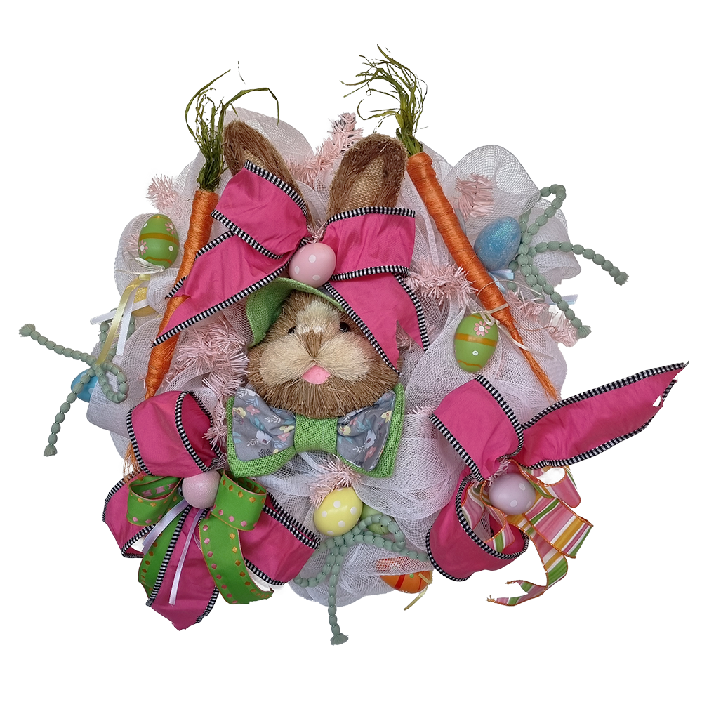 Viv! Christmas Exclusieve Paaskrans - Handgemaakt - Paashaas met Tulen krans en Paaseieren - wit roze - 60cm