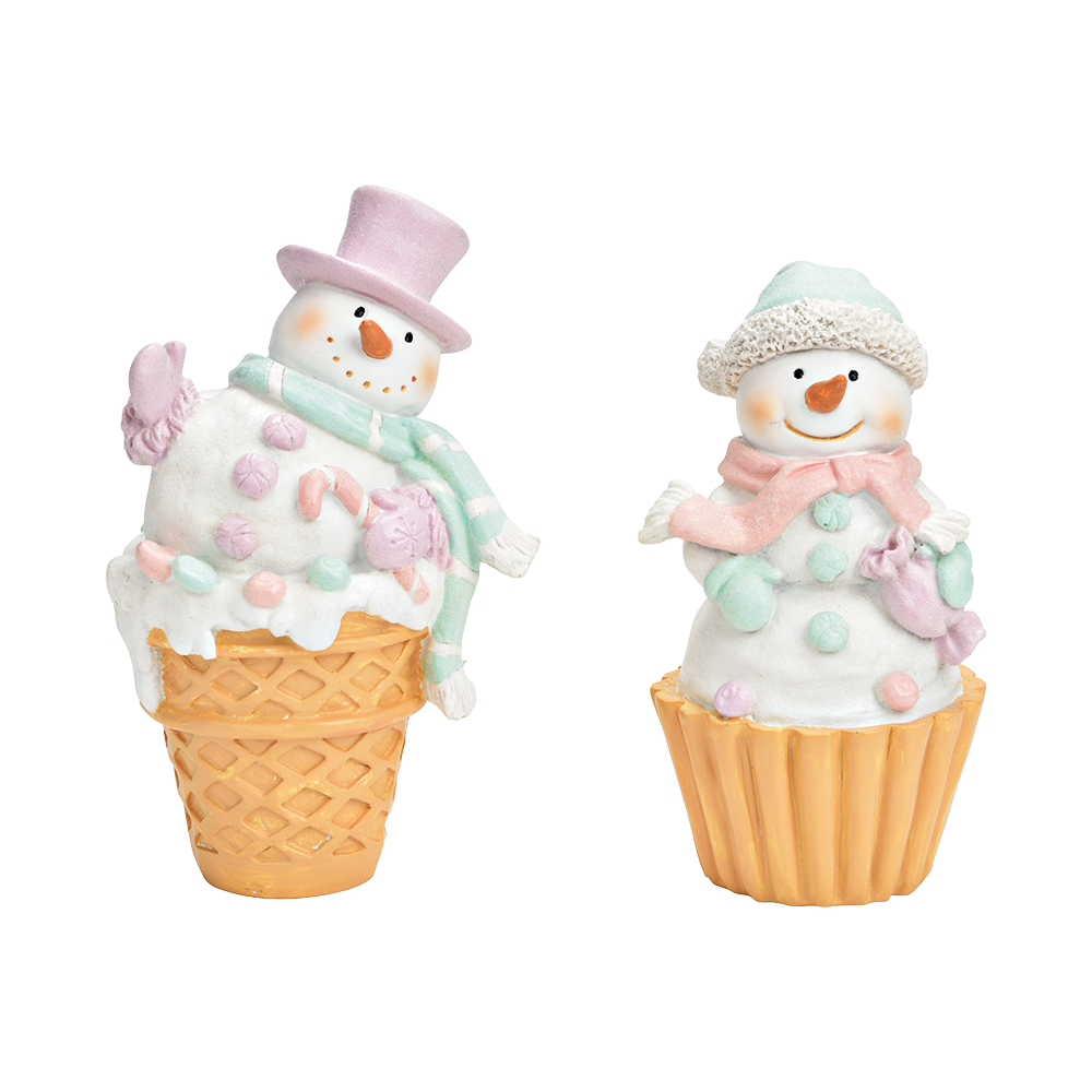 Viv! Christmas Tabletop Figure - Snowman in ice cream cone - set of 2 - pastel - mint pink - 16cm