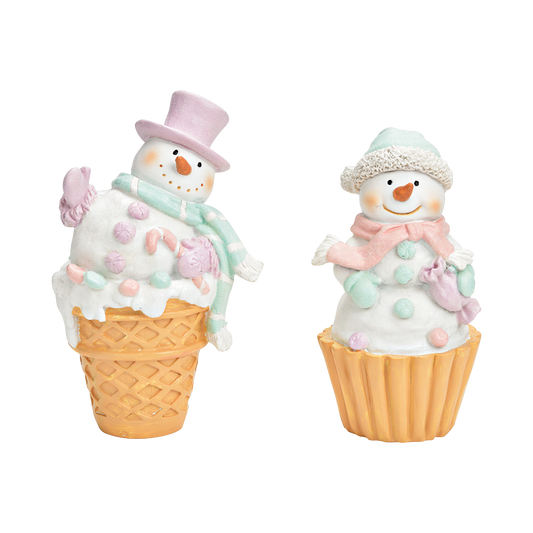 Viv! Christmas Tabletop Figure - Snowman in ice cream cone - set of 2 - pastel - mint pink - 16cm