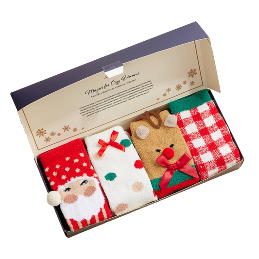 Viv! Christmas Kerst Cadeauset - 4 Paar Fluffy Kerstsokken in Geschenkdoos - rood groen