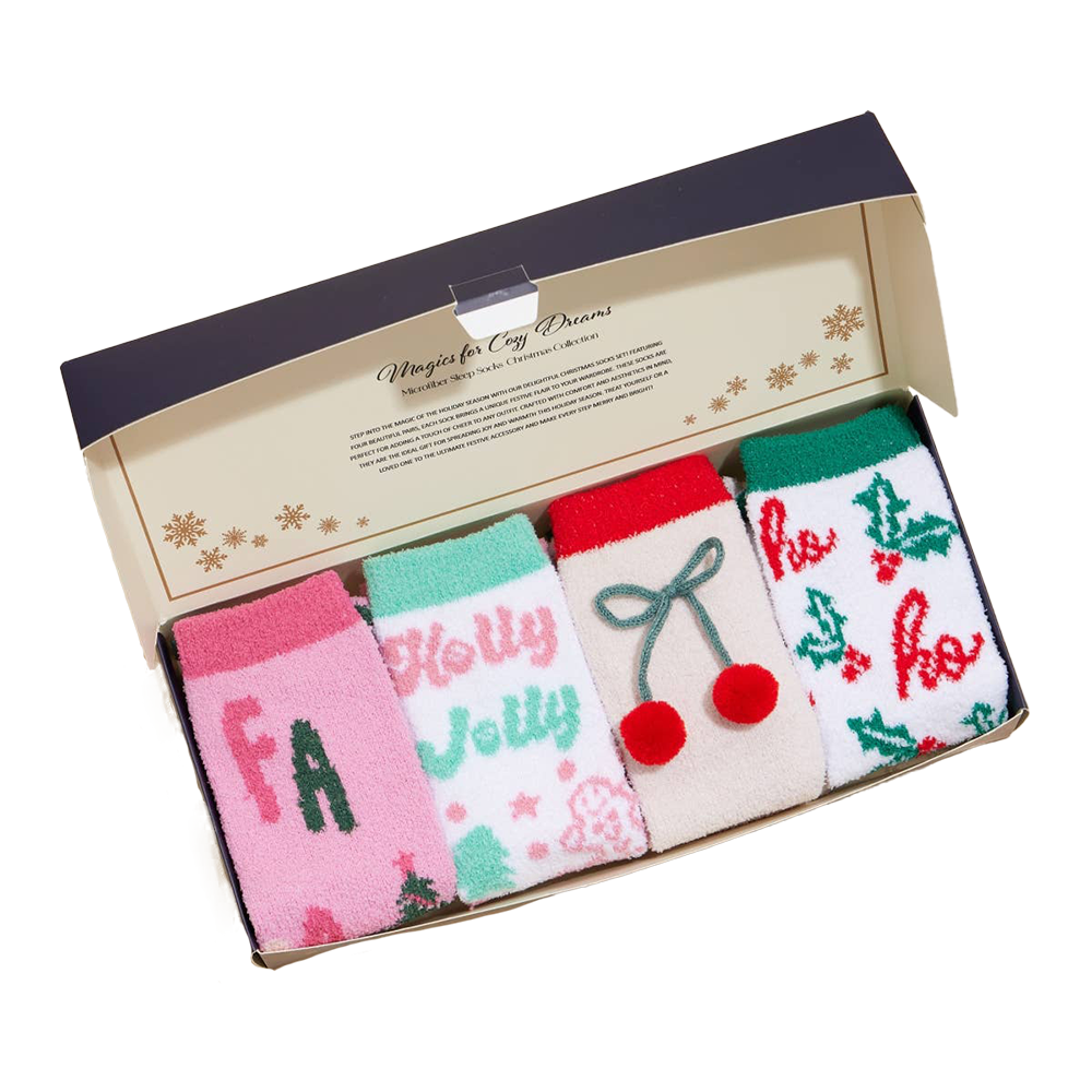 Viv! Christmas Kerst Cadeauset - 4 Paar Fluffy Kerstsokken in Geschenkdoos - rood roze