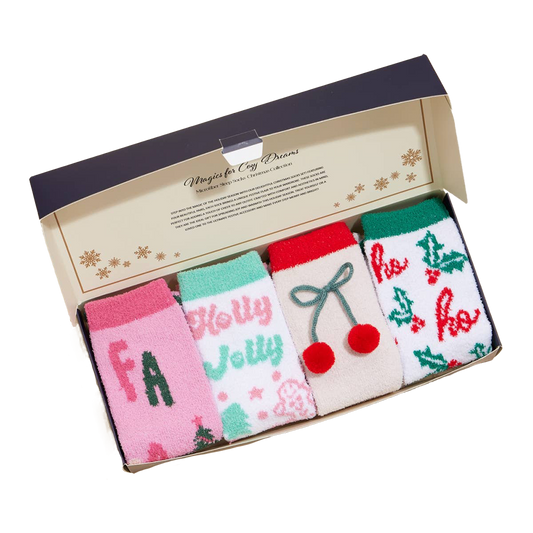 Viv! Christmas Kerst Cadeauset - 4 Paar Fluffy Kerstsokken in Geschenkdoos - rood roze
