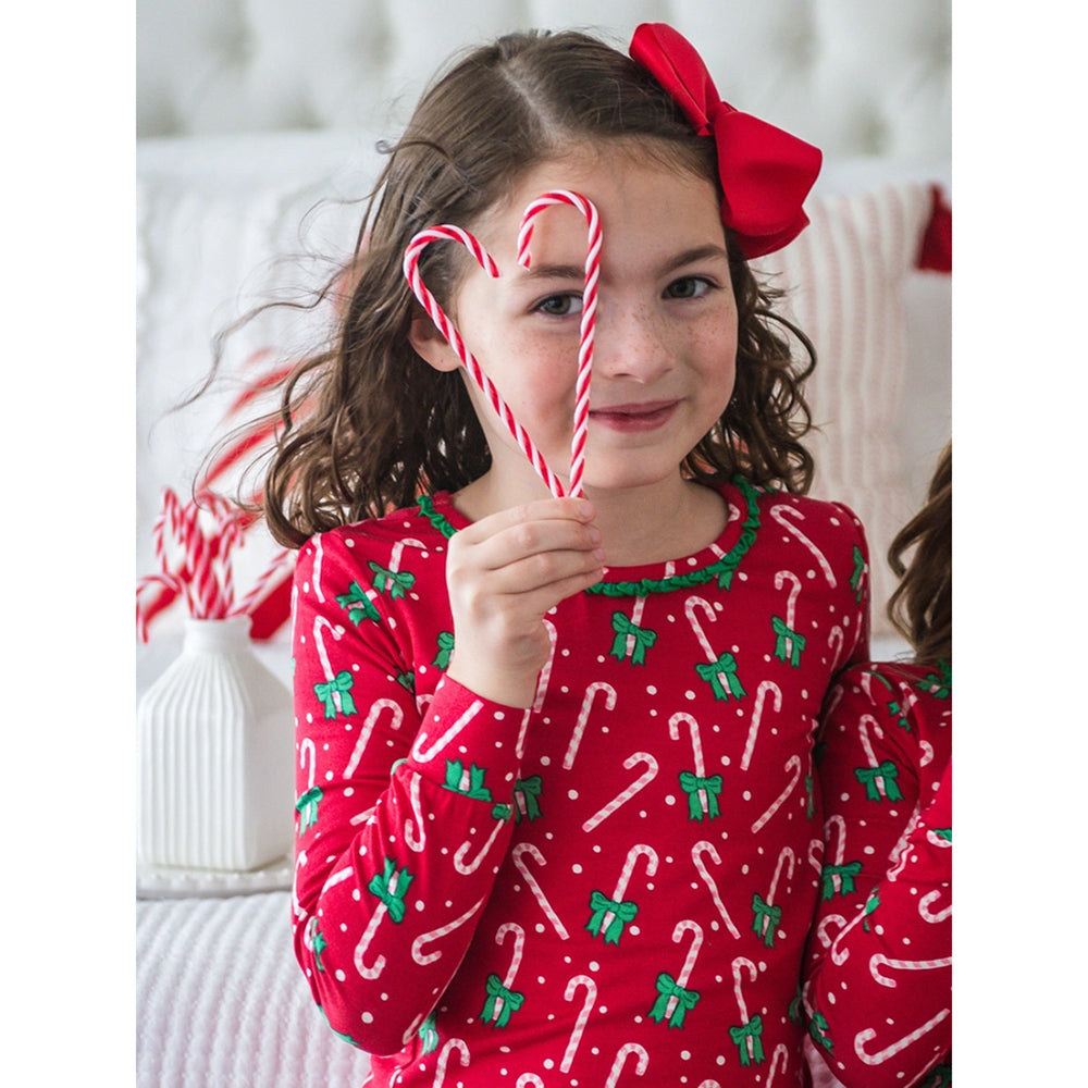 RuffleButts - Girls' Long Sleeve Christmas Pajama Set - Candy Cane - Bamboo Viscose
