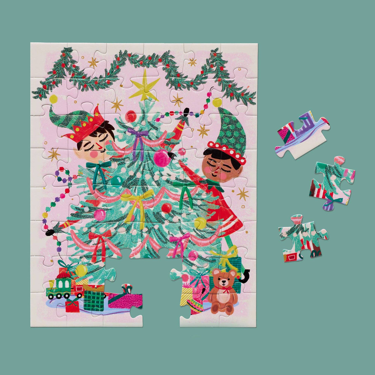 WerkShoppe Children's Christmas Puzzle with Glitter - Elfing Around - 48 Pieces