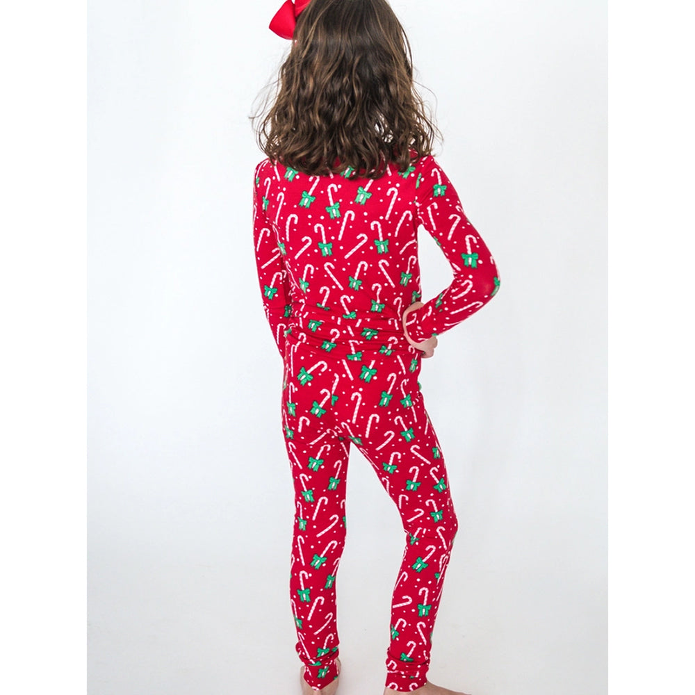 RuffleButts - Girls' Long Sleeve Christmas Pajama Set - Candy Cane - Bamboo Viscose