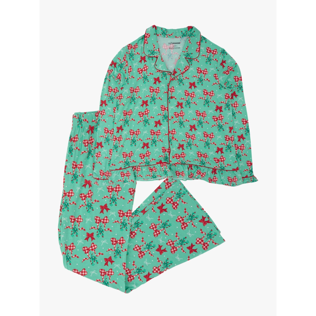 RuffleButts - Damen Weihnachts-Pyjama mit Knopfleiste - Mistle-bows Grün - Bambusviskose