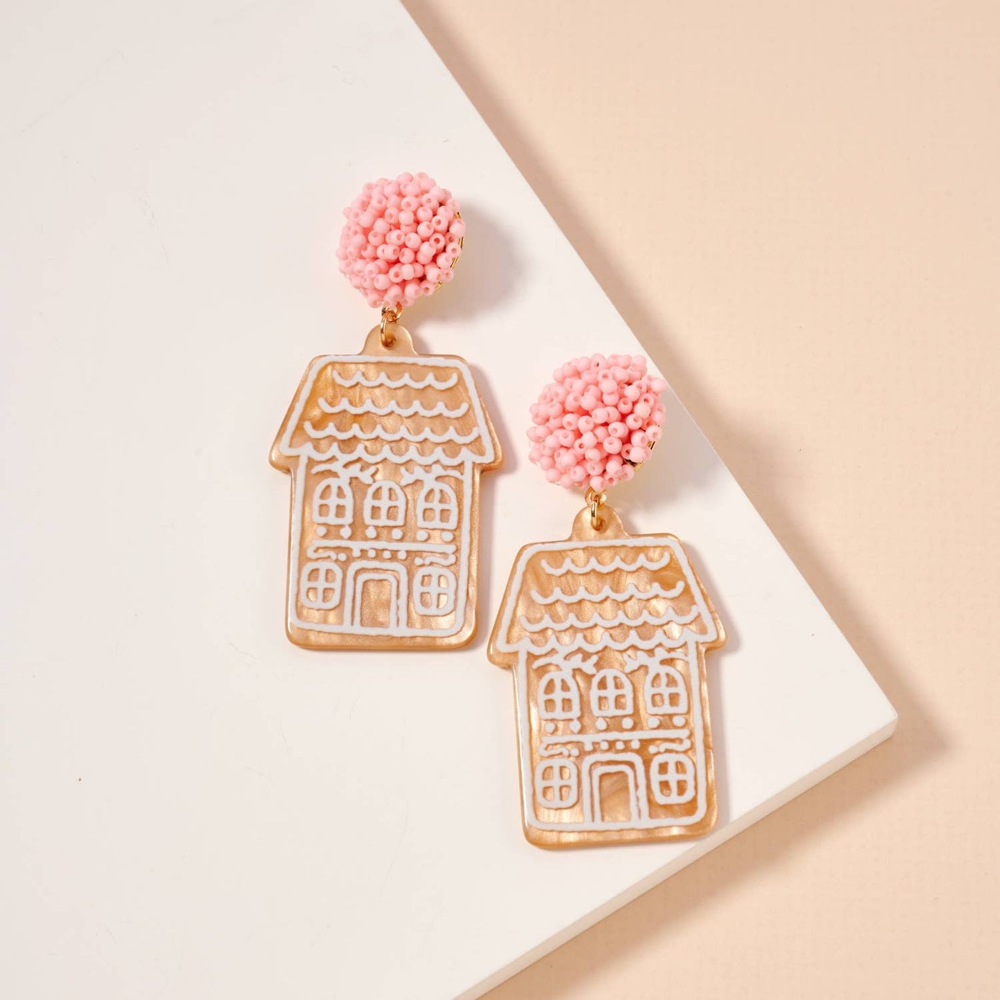 Viv! Christmas Kerst Statement Oorbellen - Roze Gingerbread Huis