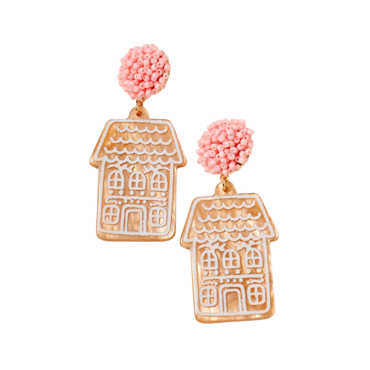 Viv! Christmas Kerst Statement Oorbellen - Roze Gingerbread Huis