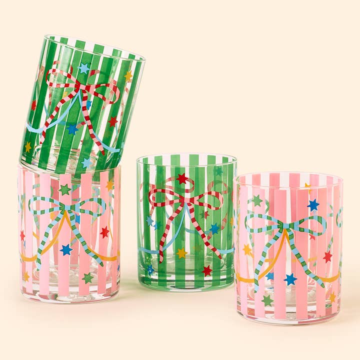 Eleanor Bowmer Kerstservies – Pink & Green Bow glazen – set van 4