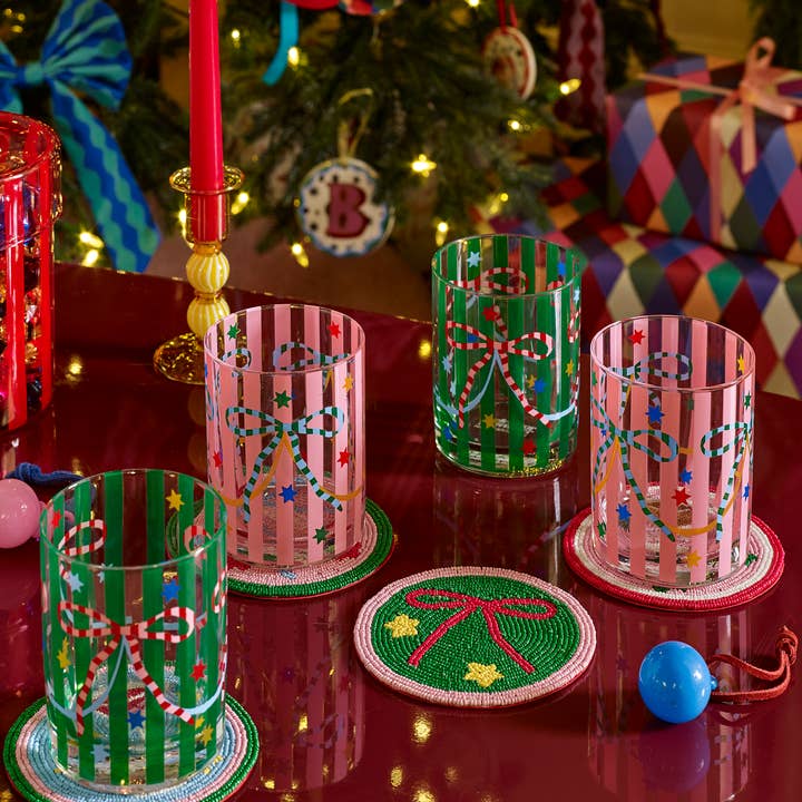 Eleanor Bowmer Kerstservies – Pink & Green Bow glazen – set van 4
