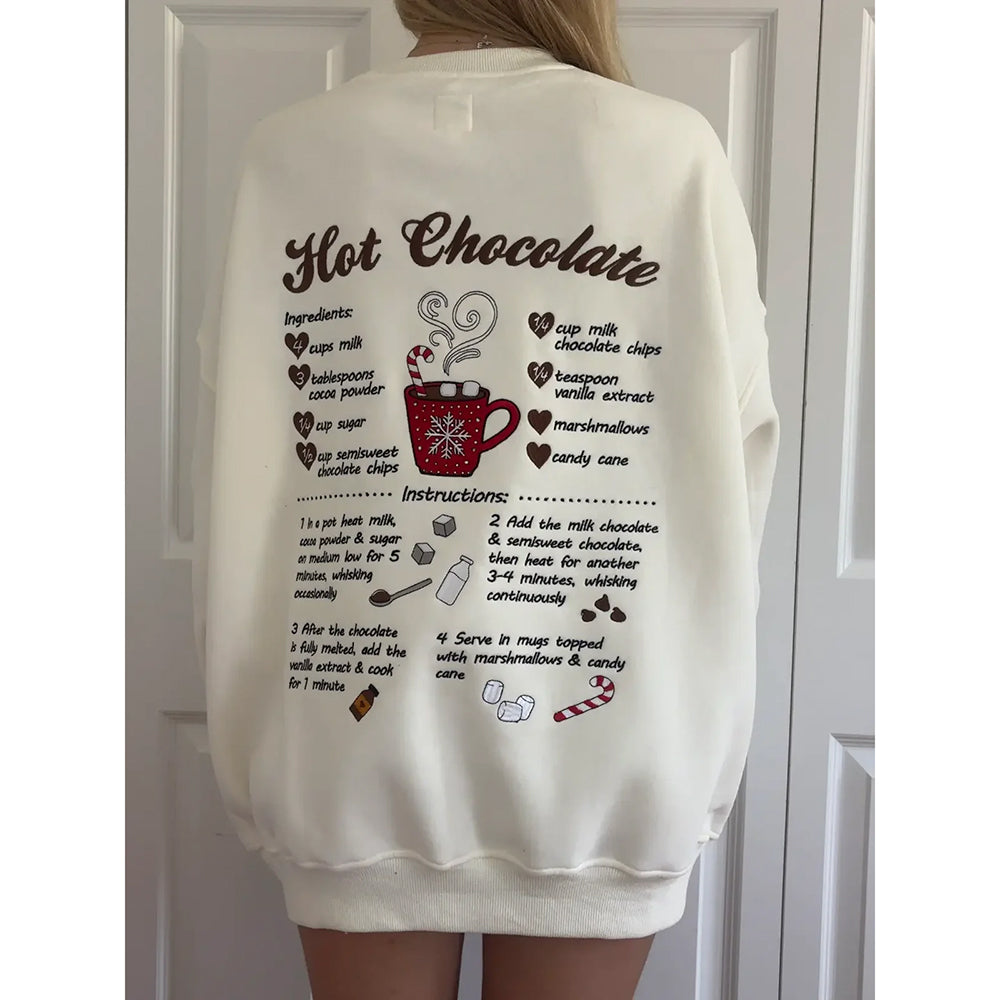 Viv! Christmas Women's Apparel - Hot Chocolate Recipe Embroidered Ivory Sweatshirt