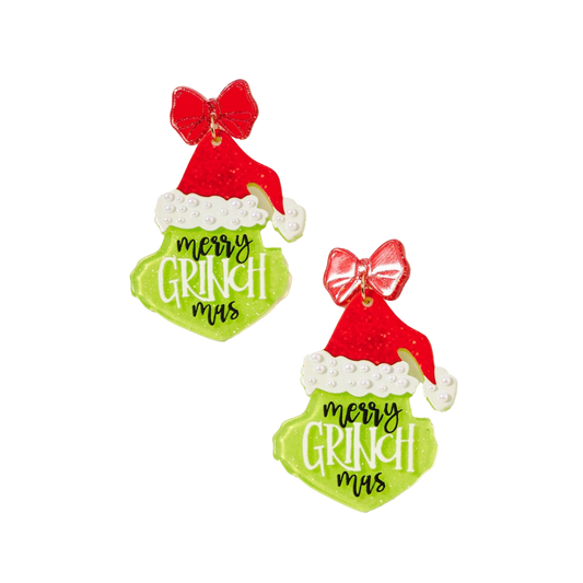Viv! Christmas Kerst Statement Oorbellen - Groen Monster 'Merry Grinchmas' met Rode Strik