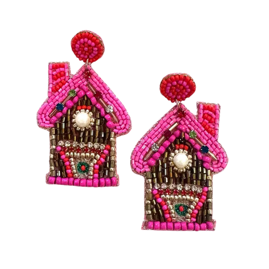 Viv! Christmas Kerst Statement Oorbellen - Roze Gingerbread Huis