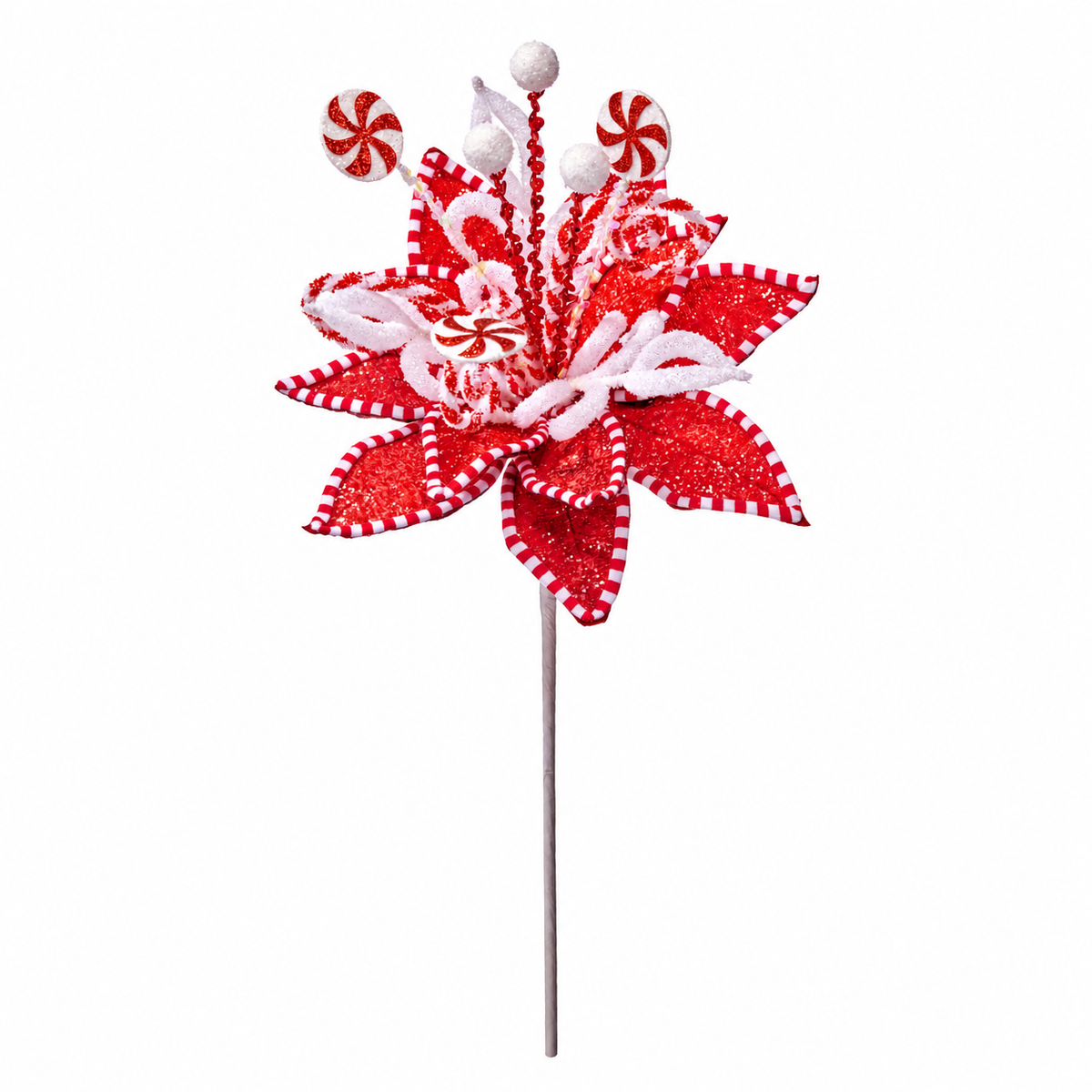 Rood-witte poinsettia kersttak met glitters, gestreepte randen en pepermuntdetails