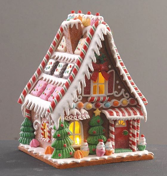 Viv! Christmas Weihnachtsfigur - Lebkuchenhaus voller Süßigkeiten und Kekse inkl. LED Beleuchtung - rot rosa braun - 19cm