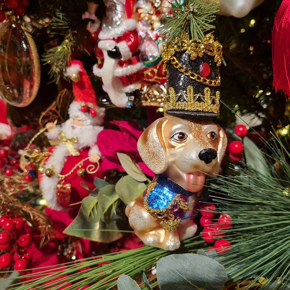 Viv! Christmas Kerstornament - Notenkraker Hond - glas - bruin blauw goud rood - 15,5cm