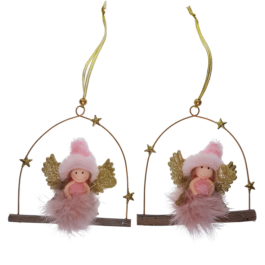 Viv! Christmas Ornament - Fabric Angels on Swing - 2 pieces - pink gold - 18cm