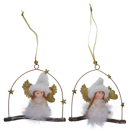 Viv! Christmas Ornament - Fabric angels on a swing - 2 pieces - white gold - 18cm