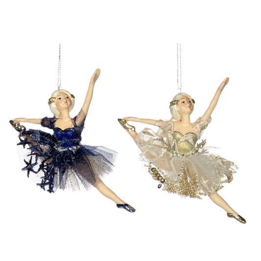 Goodwill M&G Kerstornament - Ballerina's Tule Rok met Sterren - set van 2 - blauw goud - 15cm