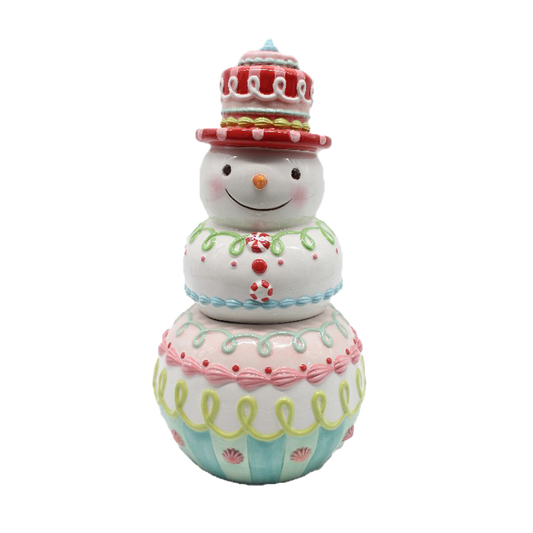 Viv! Christmas Kerstservies - Kerst Koektrommel Sneeuwpop - keramiek - pastel - roze wit - 36cm