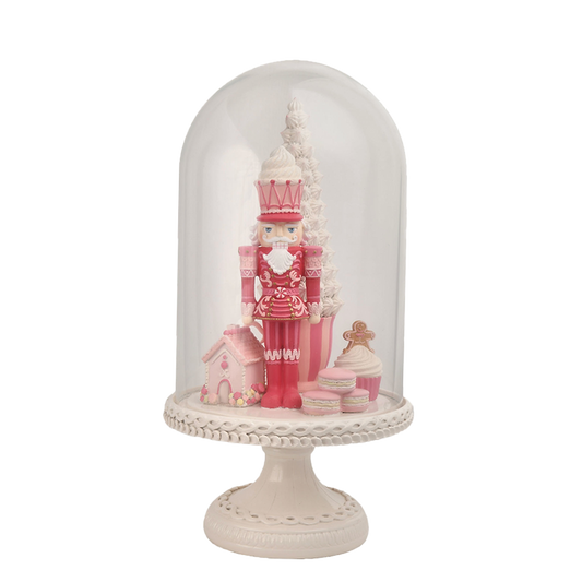 Viv! Christmas Tabletop Figure - Christmas Nutcracker in Glass Cloche - pink white - 41cm