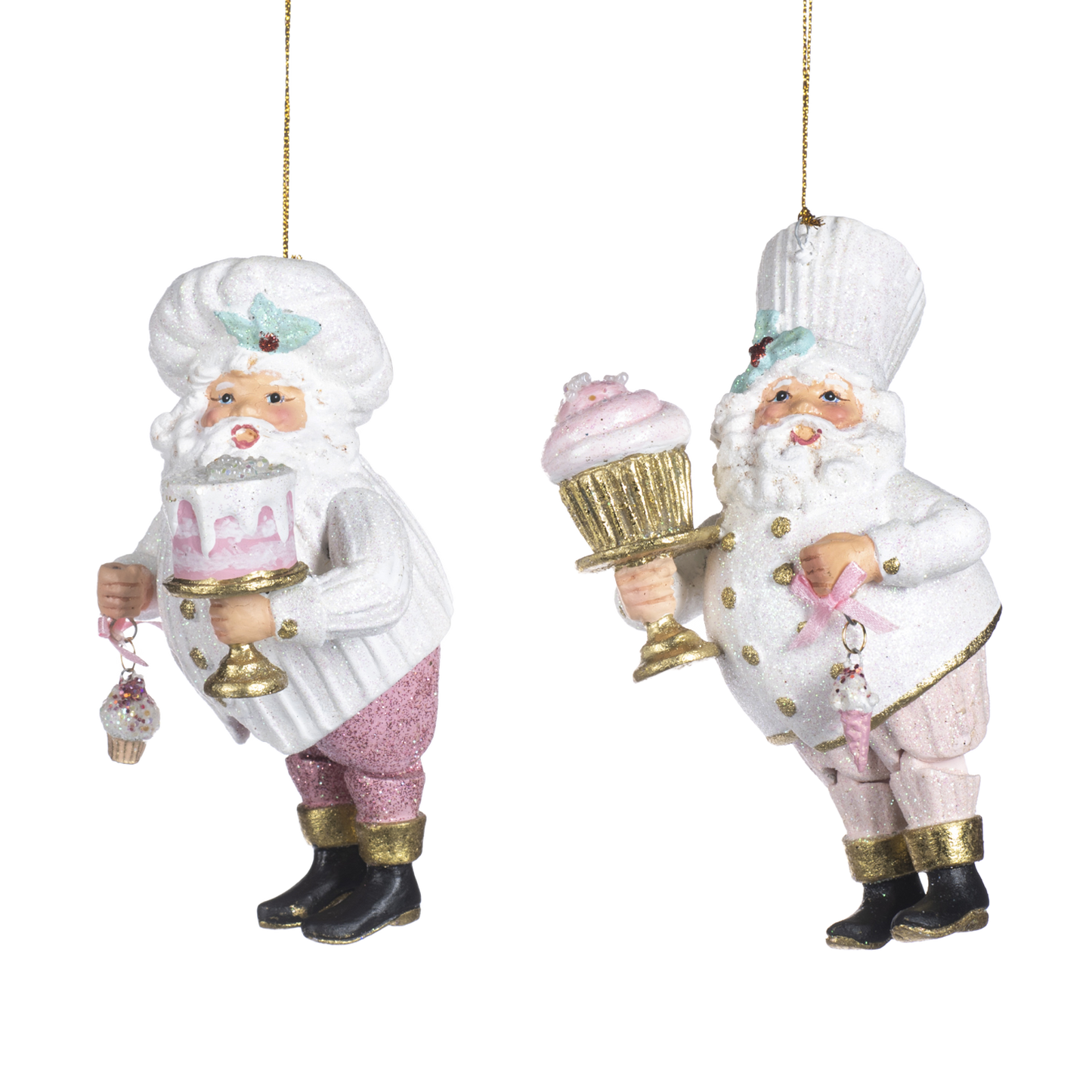 Viv! Christmas Kerstornament - Chef Kerstman met Taart - set van 2 - roze wit - 14,5cm