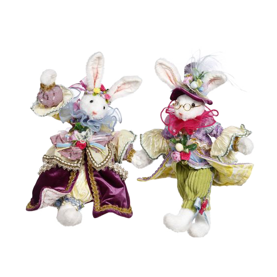 Mark Roberts Paasdecoratie - Paashaas Meneer en Mevrouw Katoenstaartkonijn - set van 2 - pasen - wit paars - 36cm - Collector's item