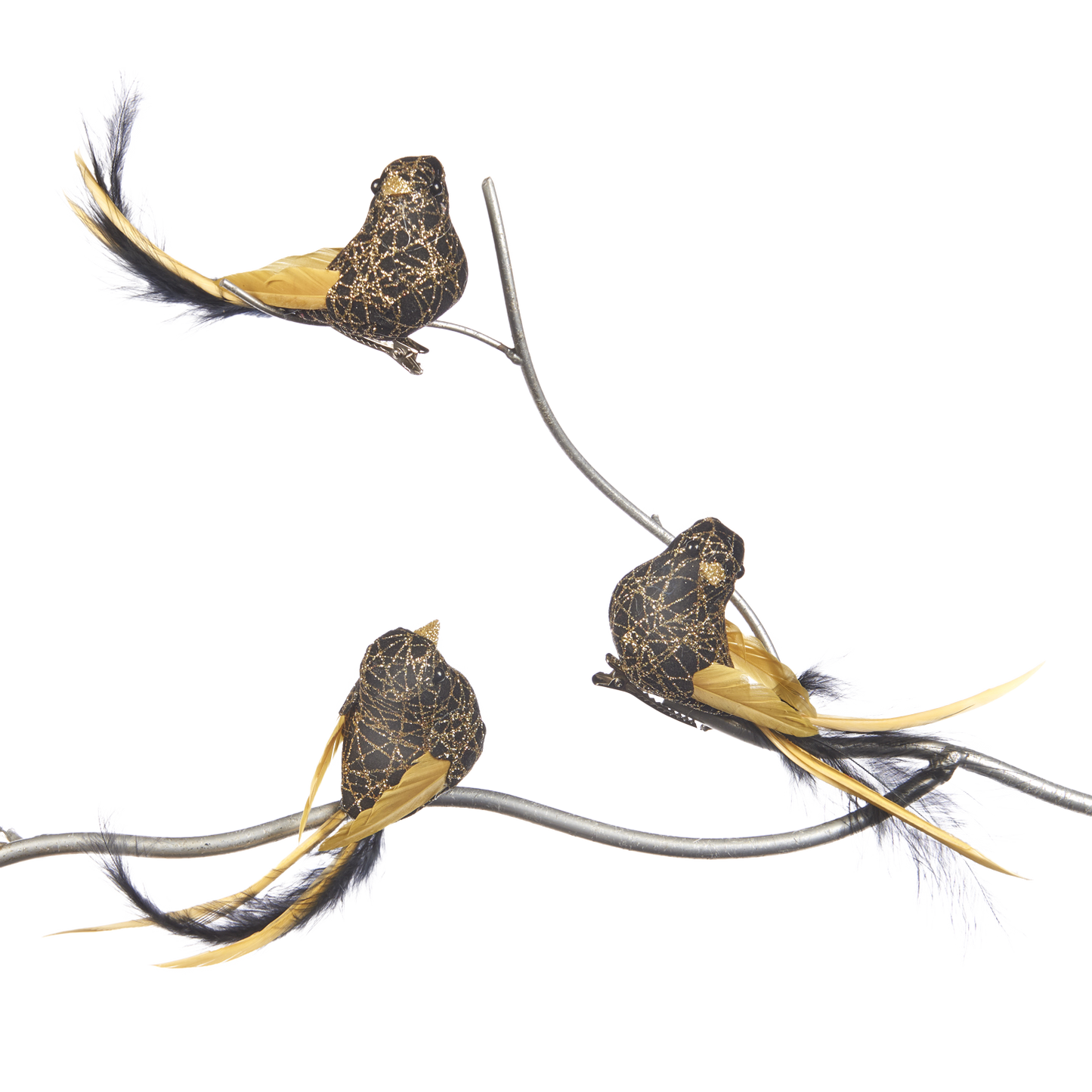 Viv! Christmas Tree Decoration - Birds on Clip - set of 3 - black gold - 14cm