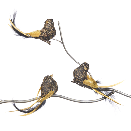 Viv! Christmas Kerstboomversiering - Vogels op Clip - set van 3 - zwart goud - 14cm